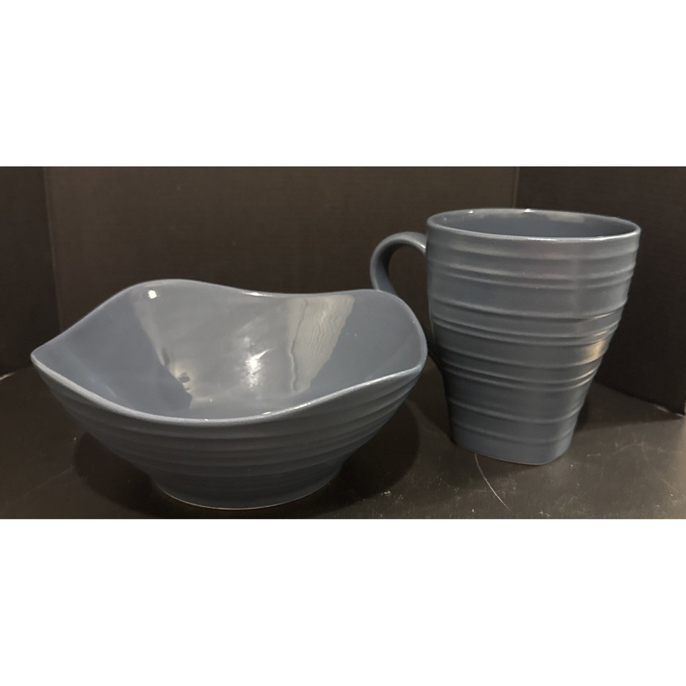 Mikasa Swirl Square Blue Stoneware Soup Cereal Bowl And Coffee Mug